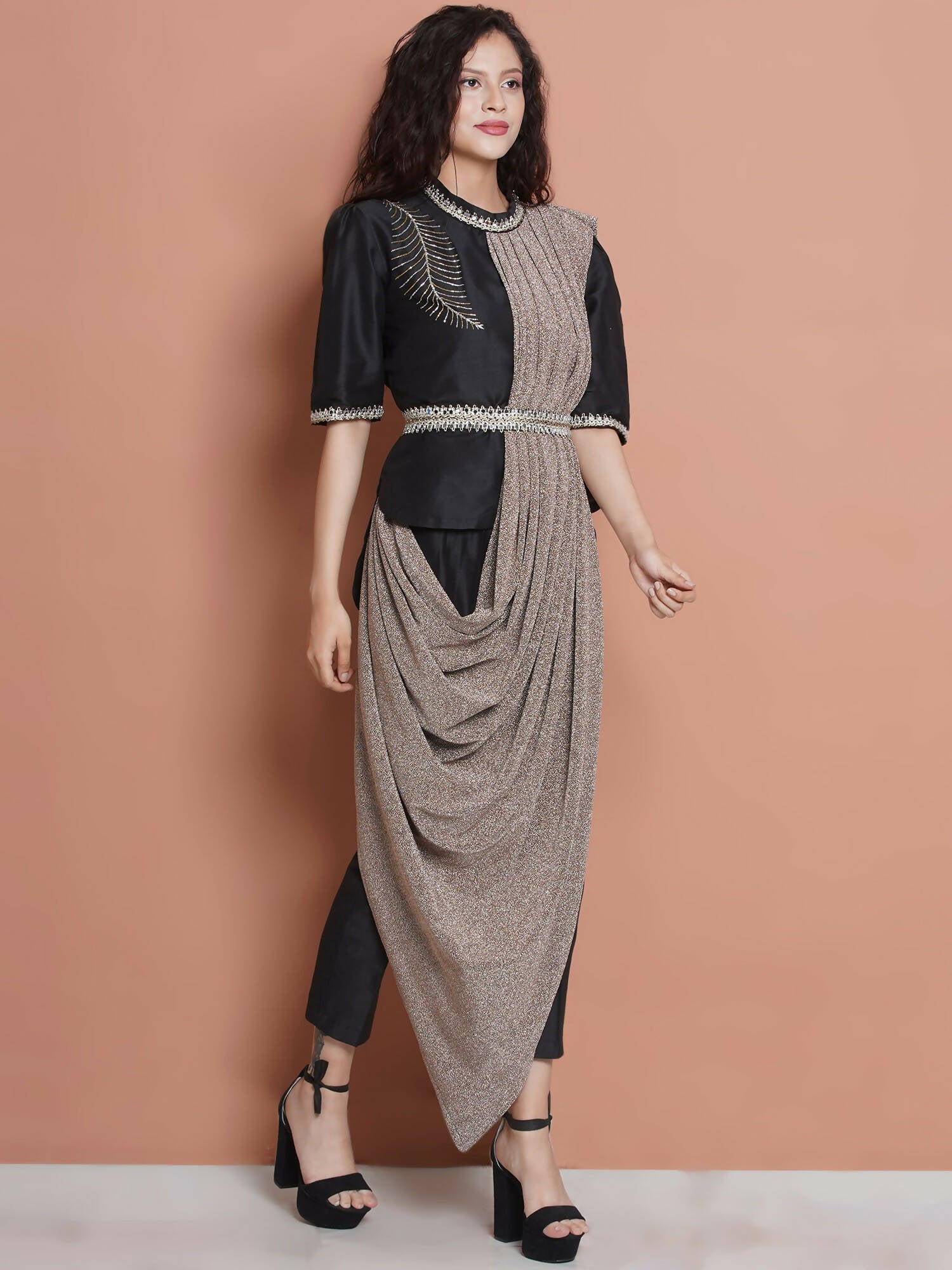 Women Republic Black Cotton Blended Set with Attached Drape - Distacart