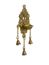 Thumbnail for eCraftIndia Gold-Toned Handcrafted Antique Finish Diya with Bells Decorative Wall Hanging Showpiece - Distacart
