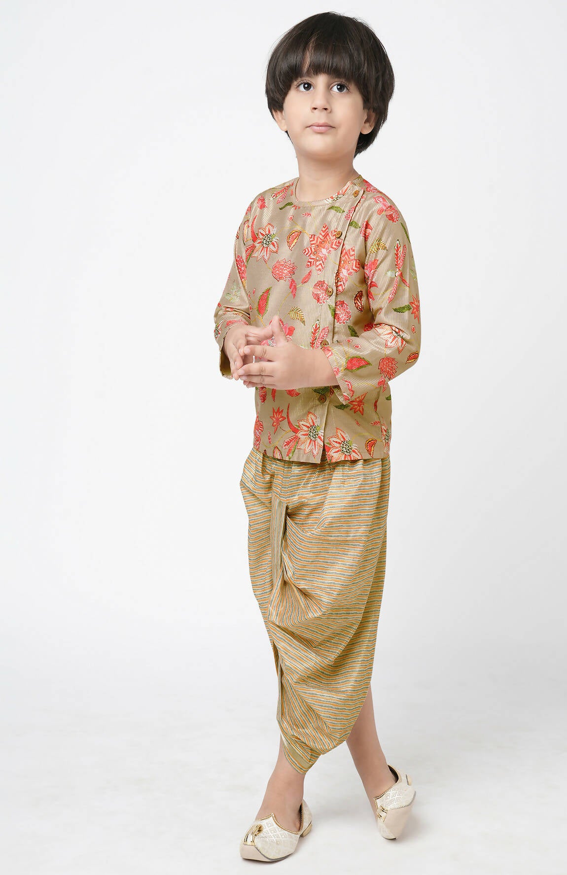 Lil Drama Golden Weaves Boys Beige Kurta With Dhoti Set - Distacart