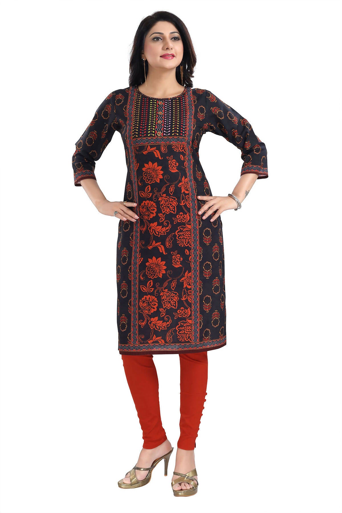 Snehal Creations Elegant Black Designer Digital Print Cotton Slub Fabric Long Kurti Tunic - Distacart