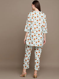 Thumbnail for HERE&NOW Floral Printed Lace Inserted V-Neck Kurti with Trousers - Distacart