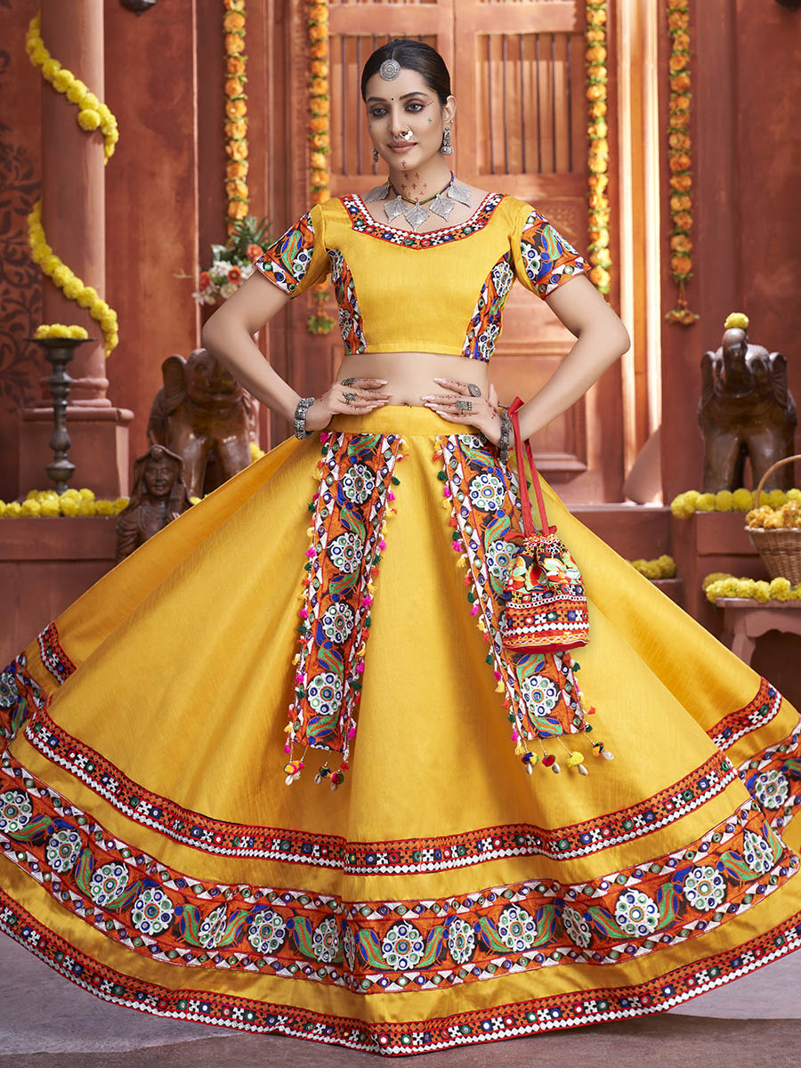 Myra Yellow Art Silk Gamthi Work Designer Lehenga - Distacart