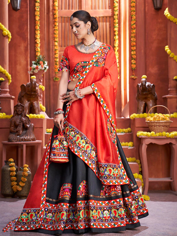Myra Black Art Silk Gamthi Work Designer Lehenga - Distacart