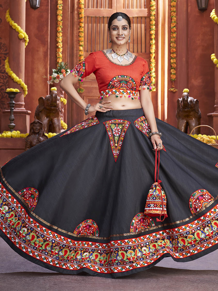 Myra Black Art Silk Gamthi Work Designer Lehenga - Distacart