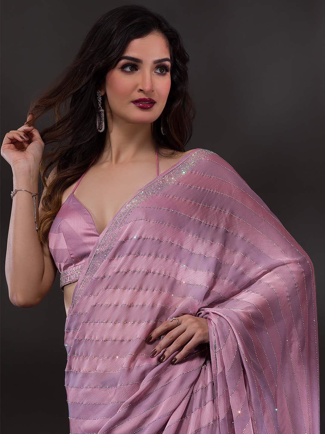 Koskii Lavender Embellished Beads and Stones Poly Crepe Saree - Distacart