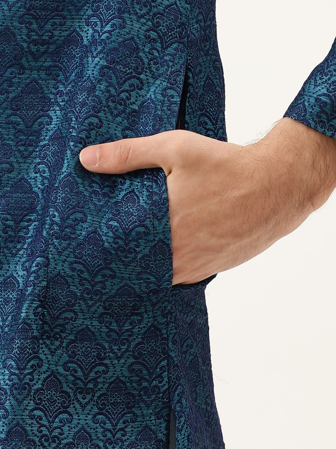 Manyavar Men Blue & White Self Design Kurta with Churidar - Distacart