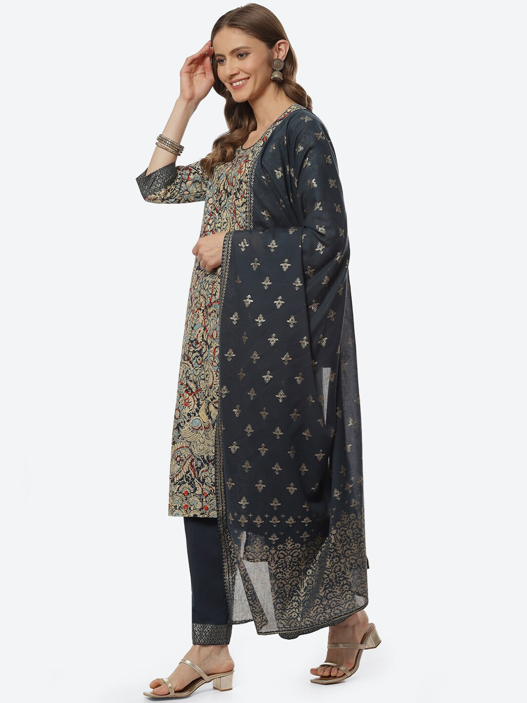 Biba Women Blue Ethnic Motifs Printed Kurta with Palazzos & With Dupatta - Distacart