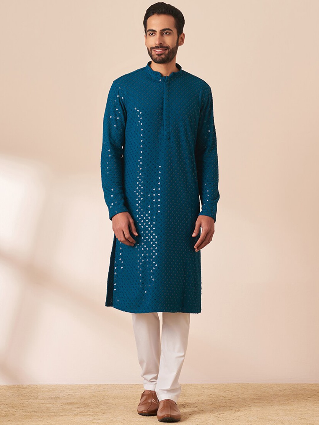 Manyavar Men Geometric Embroidered Mandarin Collar Sequined Kurta with Pyjamas - Distacart
