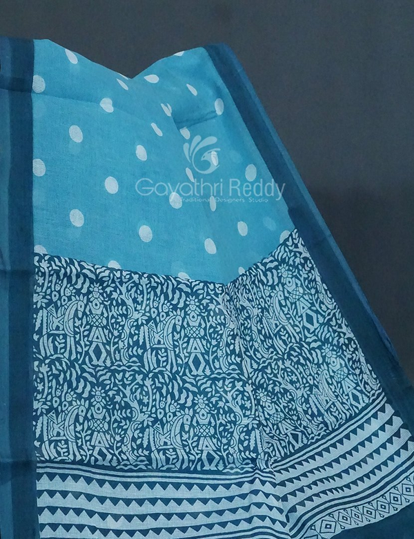 Shades of Sky Blue With Polka Print Munga Cotton Saree By Gayathri Reddy Designer Studio - Distacart