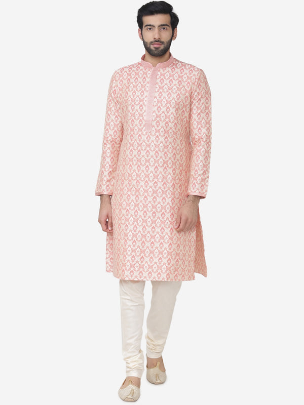 Manyavar Men Pink & Off-White Self Design Kurta with Churidar - Distacart