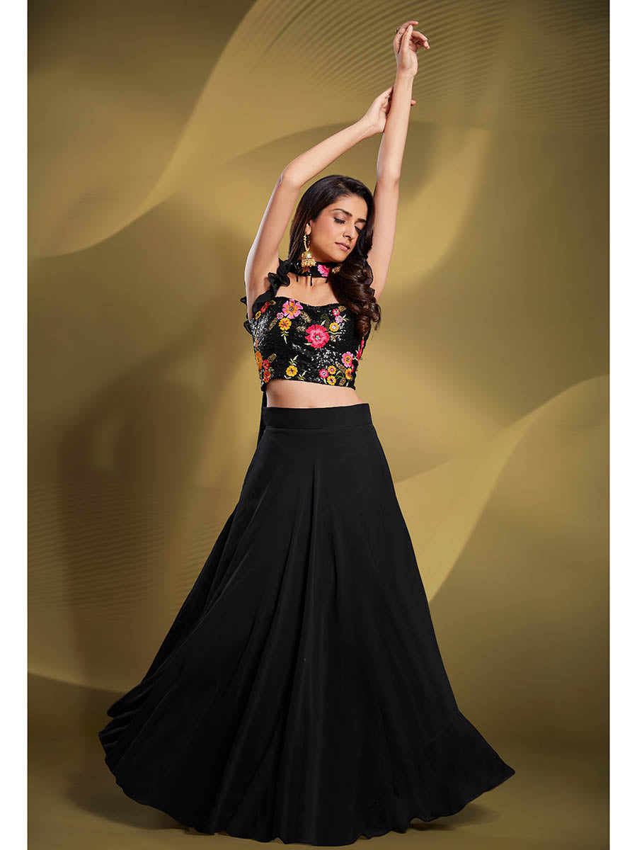 Myra Black Georgette Embroidered Designer Lehenga - Distacart