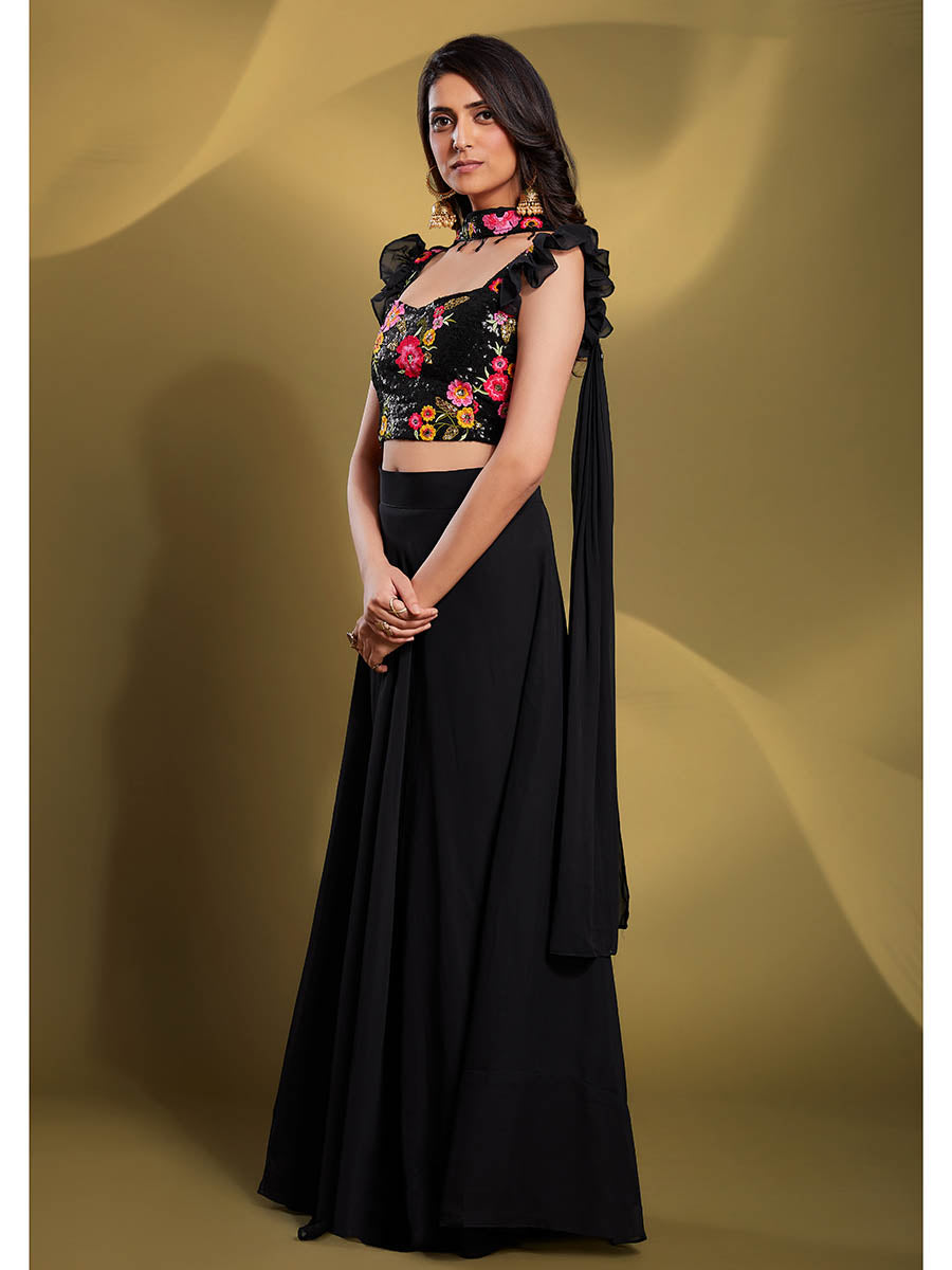 Myra Black Georgette Embroidered Designer Lehenga - Distacart