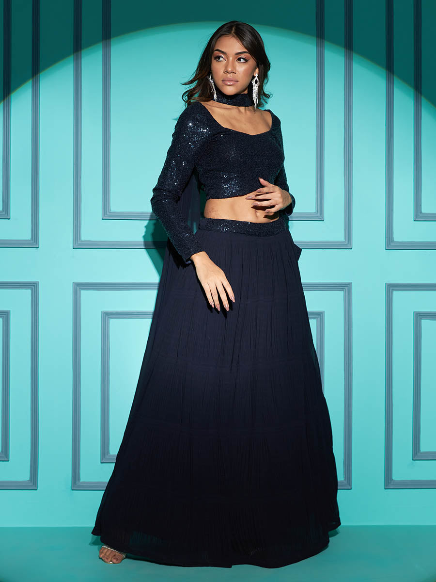 Myra Navy Blue Georgette Embroidered Designer Lehenga - Distacart