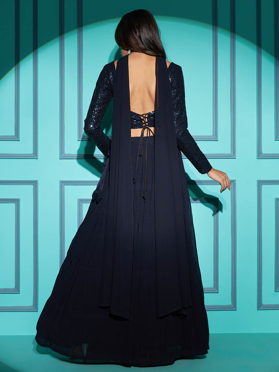 Myra Navy Blue Georgette Embroidered Designer Lehenga - Distacart