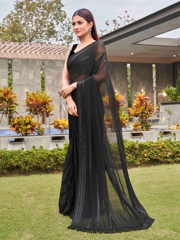 Tikhi Imli Black Striped Sequinned Saree - Distacart