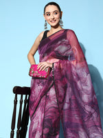 Thumbnail for Tikhi Imli Purple & Grey Abstract Print Net Saree - Distacart