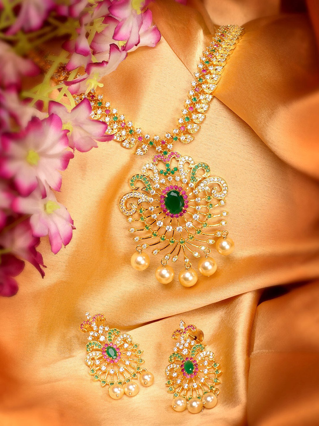 Saraf RS Jewellery Women Gold-Toned & Multi-Coloured CZ-Studded Handcrafted Jewellery Set - Distacart