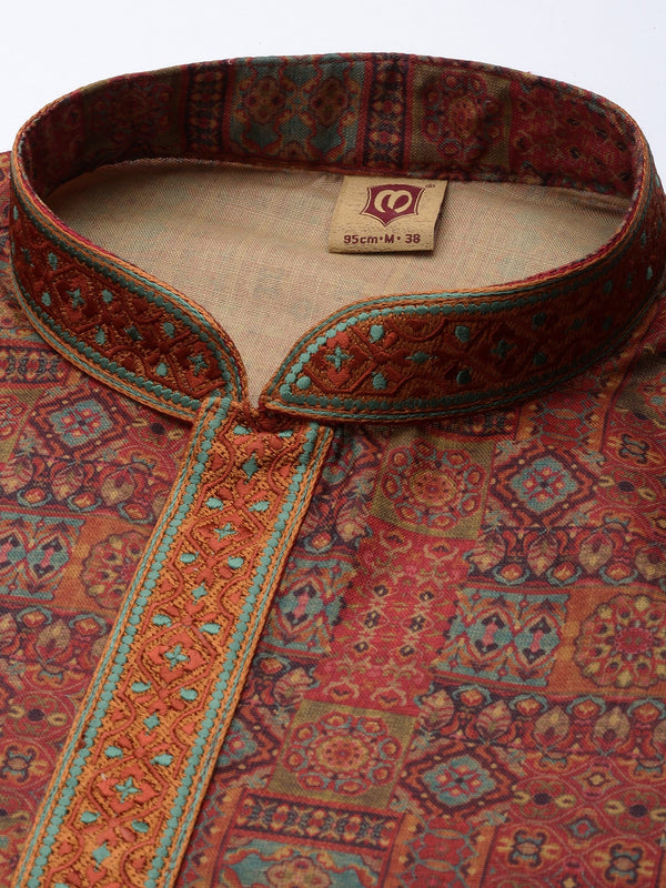 Manyavar Men Rust Red Ethnic Motifs Woven Design Kurta with Churidar - Distacart