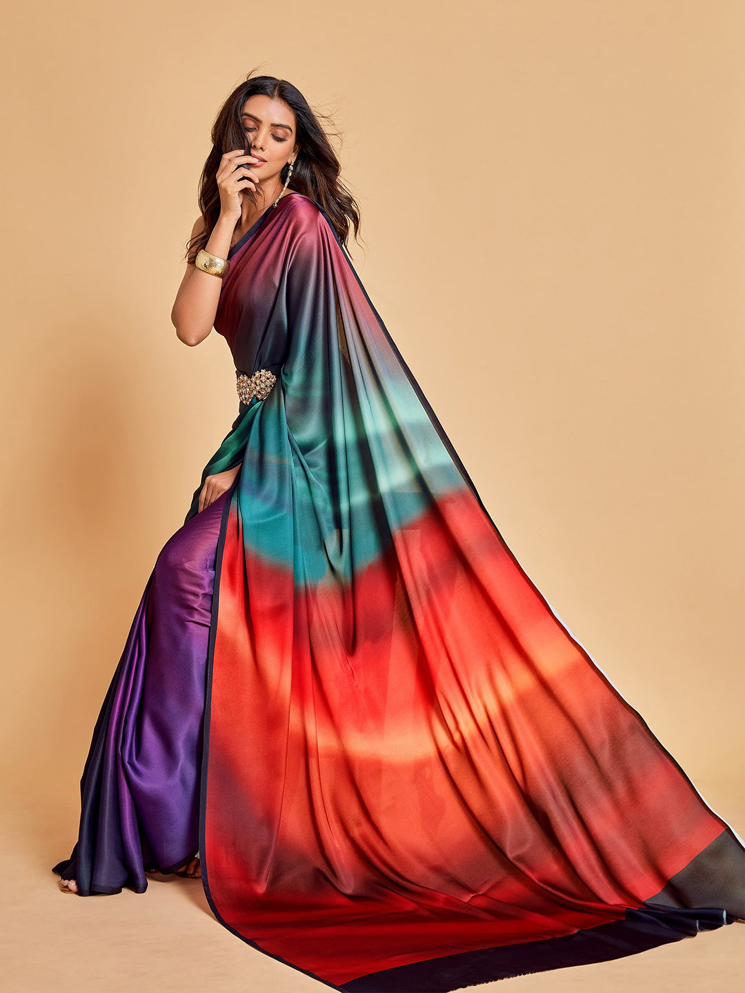 Sangria Violet & Orange Ombre Satin Saree - Distacart