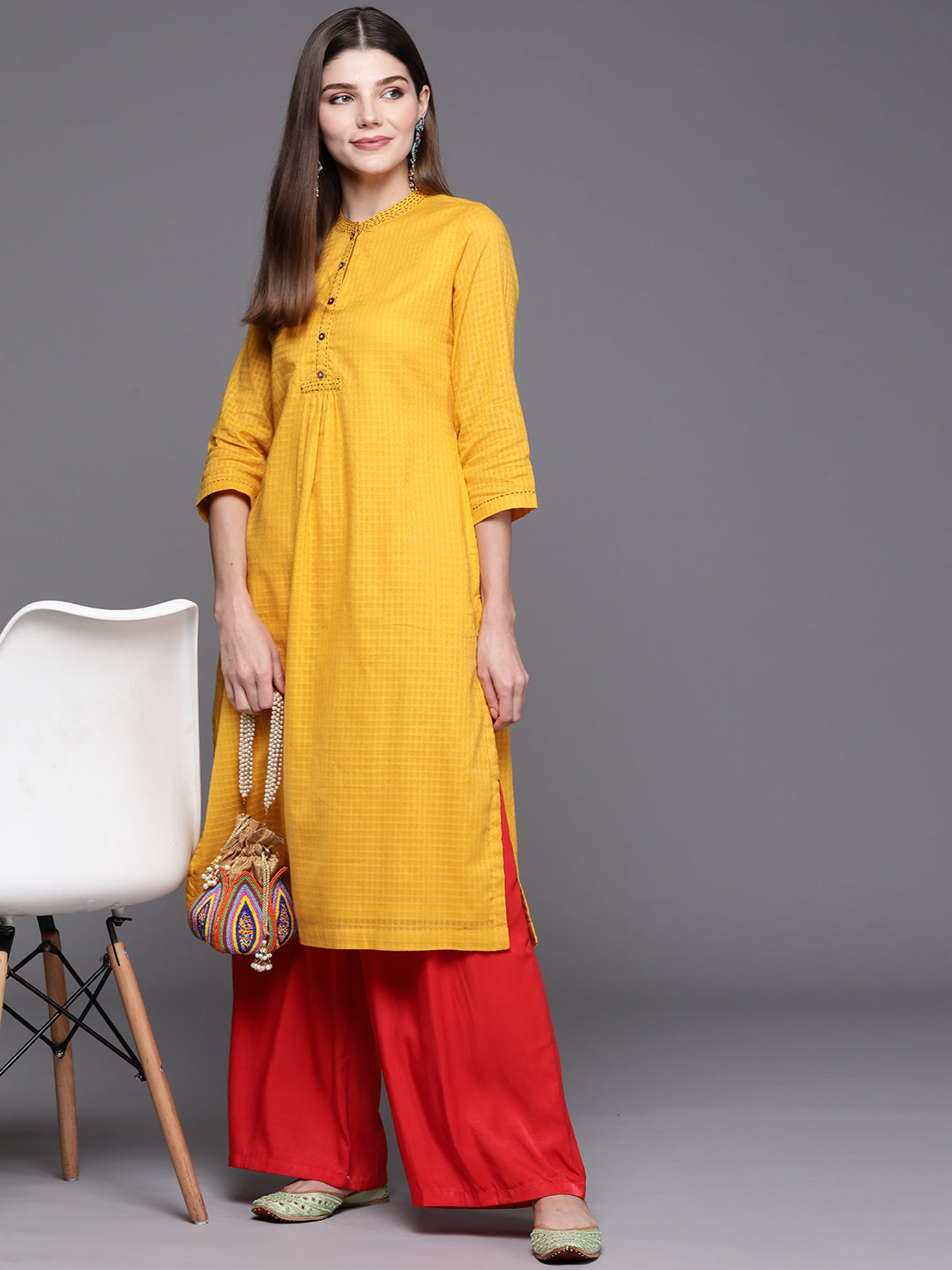 Biba Women Yellow Checked Kurta - Distacart