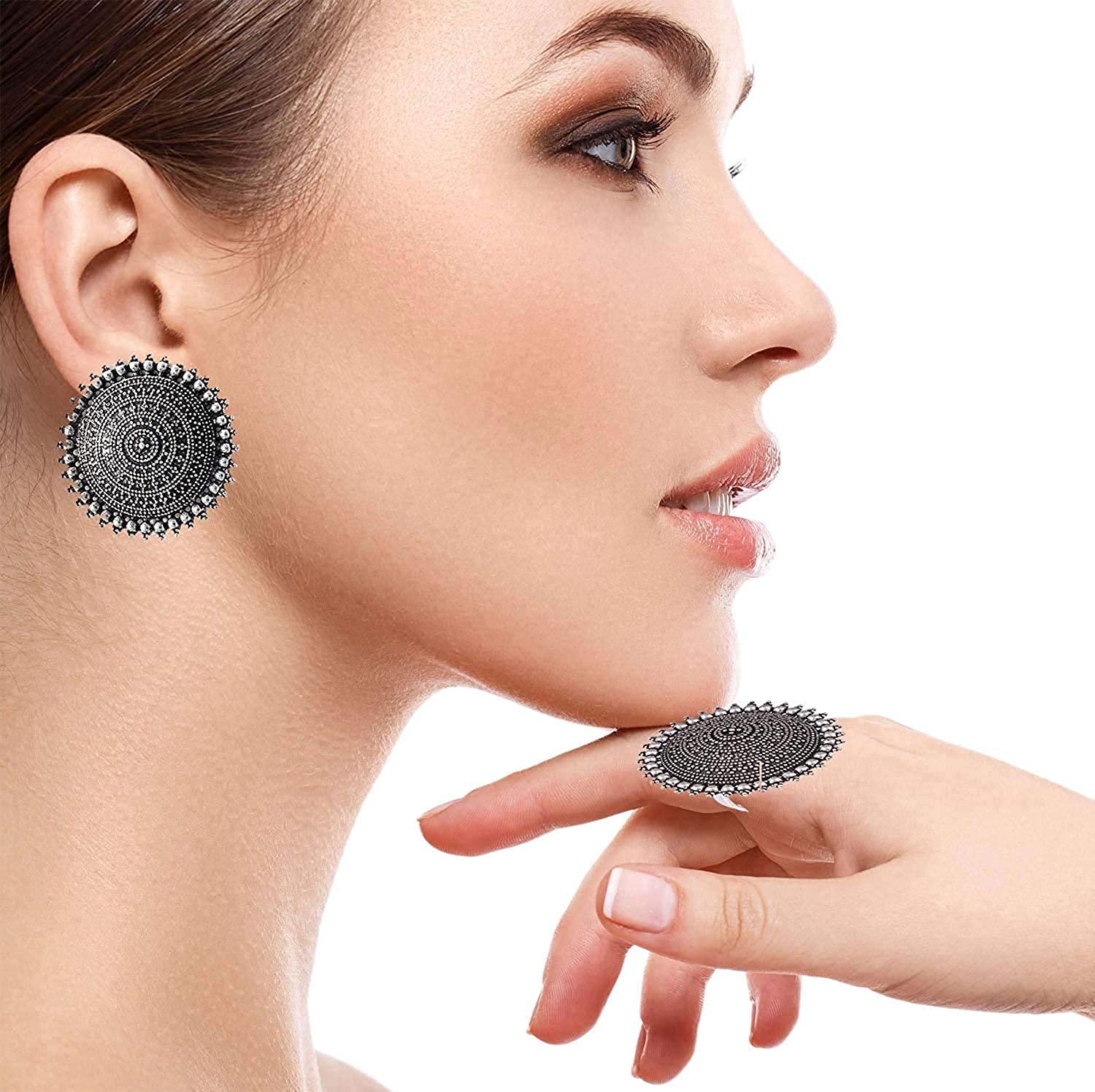 Silver-Plated Alloy Antique Silver Round Earrings With Ring - The Pari - Distacart