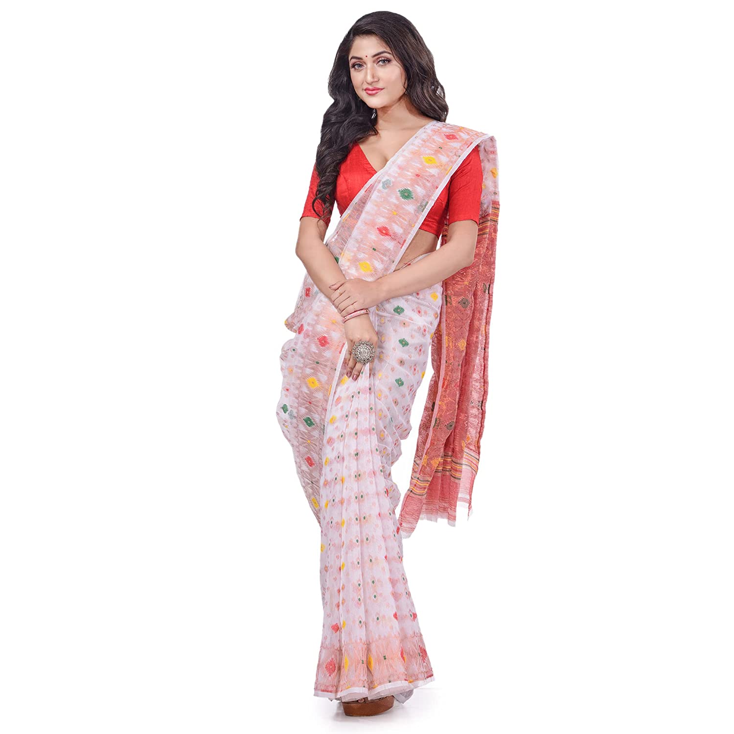 Desh Bidesh Women's Zari Karat Resham Dhakai Jamdani Bengal Pure Cotton Handloom Saree Whole Body Design Without Blouse Piece - Distacart