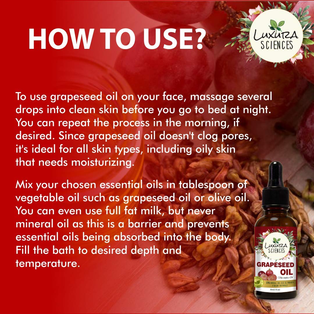 Luxura Sciences Organic Grape Seed Oil, 100% Pure, Natural & Cold-Pressed For Skin, Hair, Body - Distacart