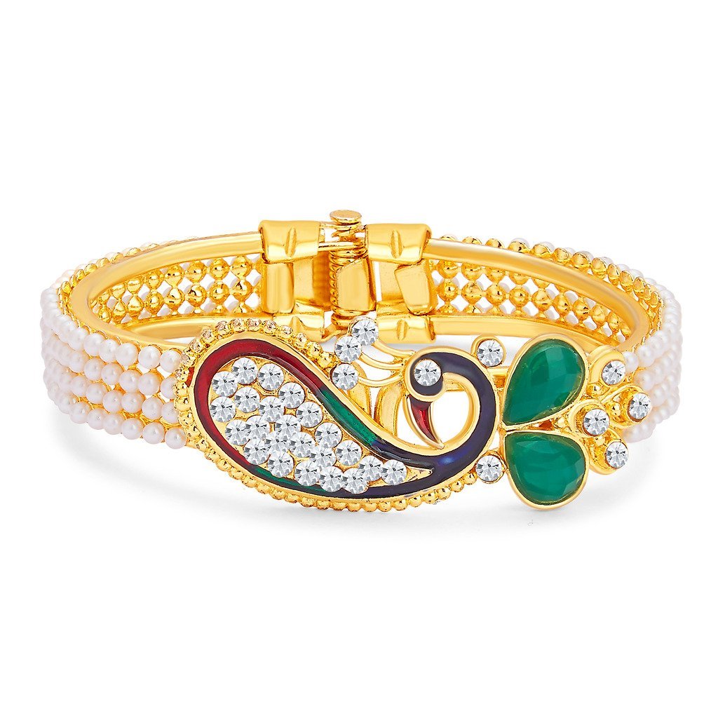 Gold-Plated Alloy Pearl Studded Peacock Enamel Bangle - The Pari - Distacart