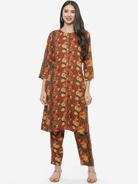 Thumbnail for Biba Women Brown Floral Printed Kurta with Trousers - Distacart