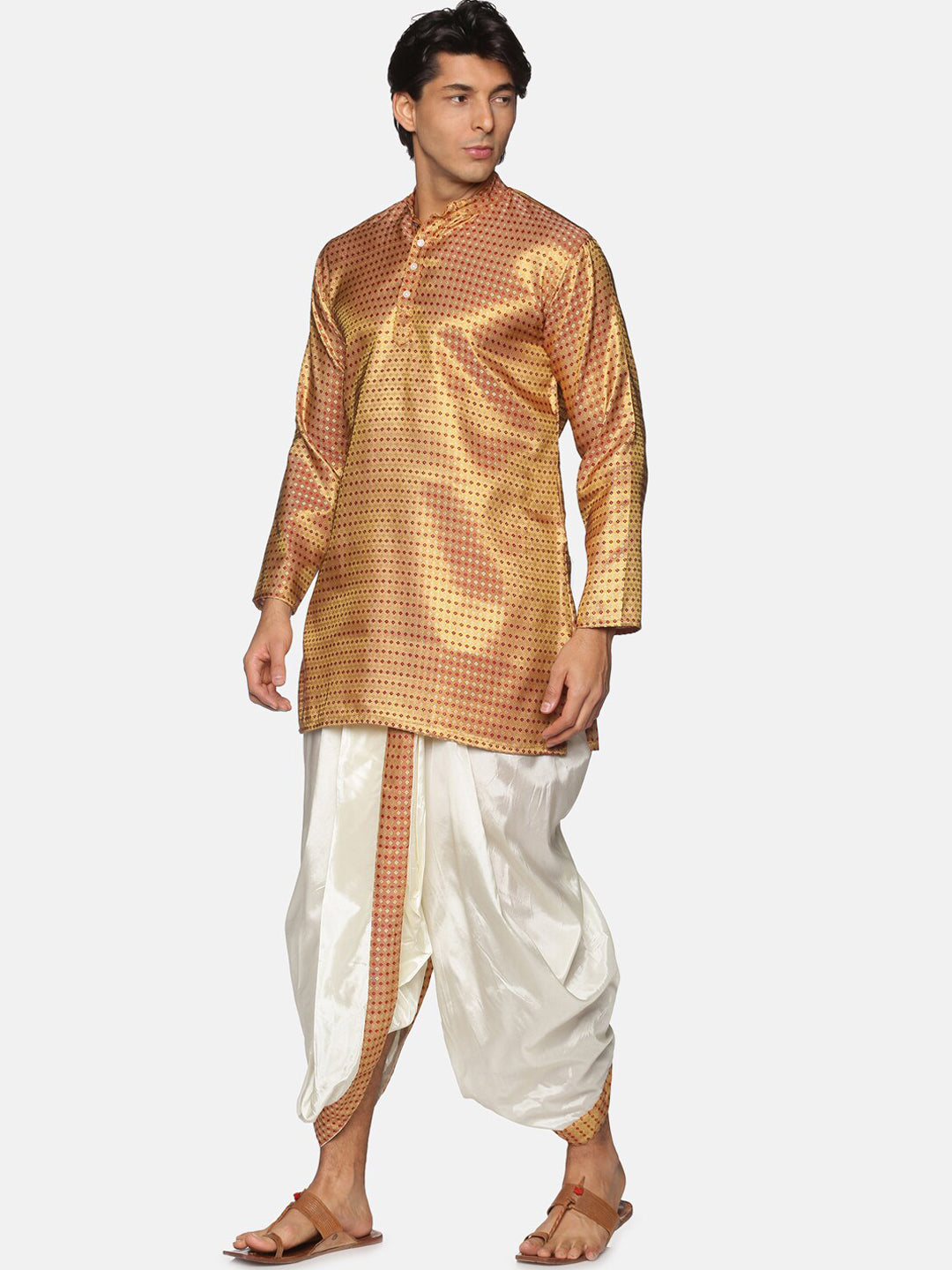 Sethukrishna Men Gold-Toned Striped Kurta with Dhoti Pants - Distacart