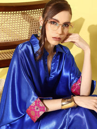 Thumbnail for InWeave Women's Blue Pink Brocade Satin Boho Kurta Palazzo Set - Distacart