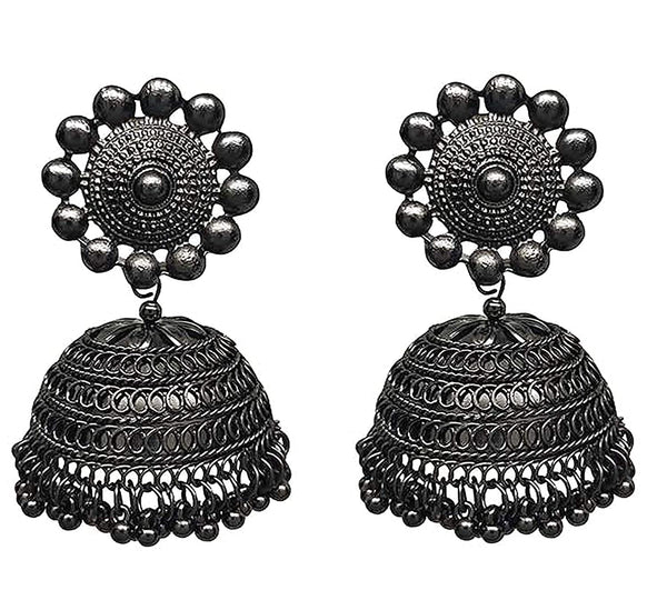 Rhodium-Plated Alloy Black Metallic Jhumki Earrings - The Pari - Distacart