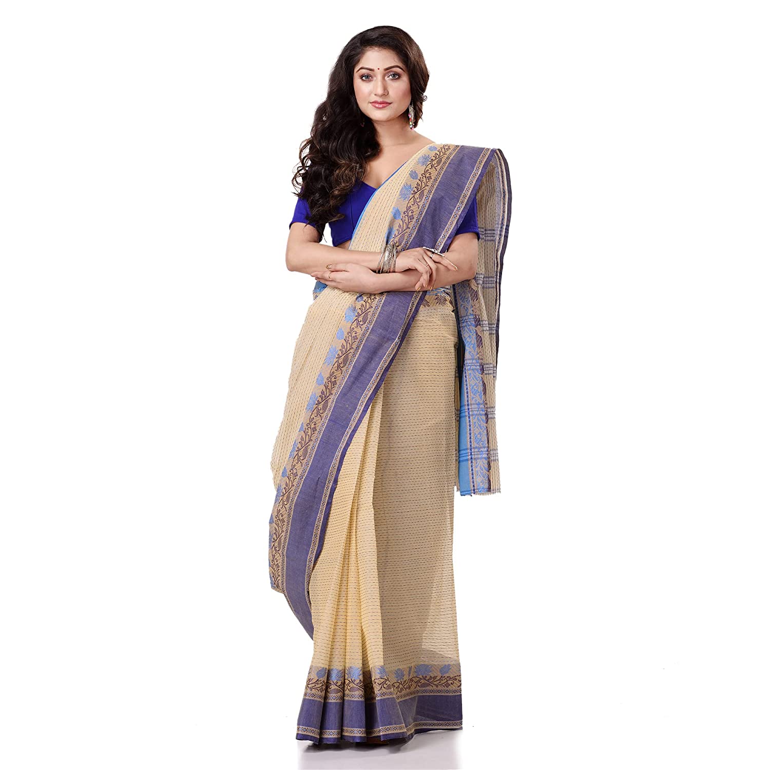Desh Bidesh Women's Traditional Bengal Tant Pure Handloom Cotton Saree Jol Torongo Woven Design Without Blouse Piece - Distacart