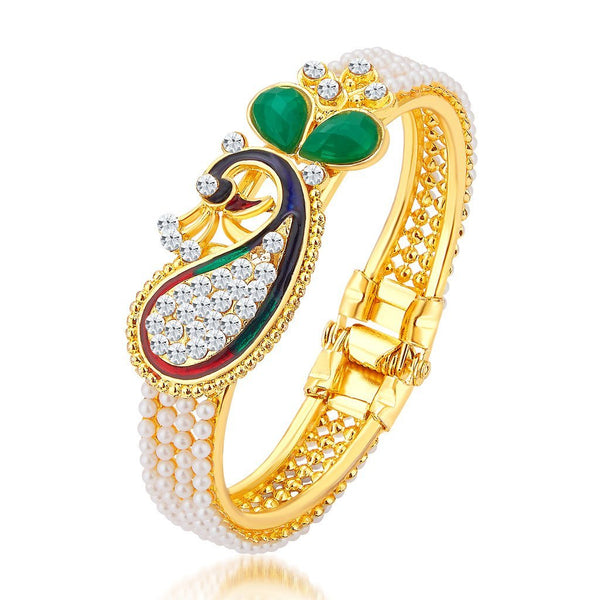 Gold-Plated Alloy Pearl Studded Peacock Enamel Bangle - The Pari - Distacart