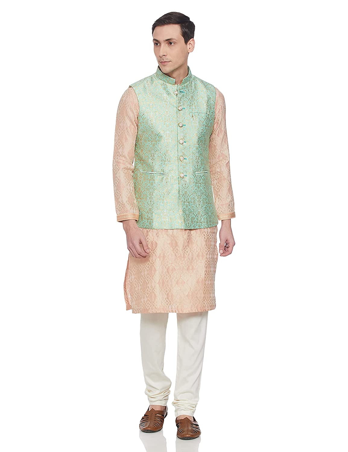 Manyavar Green Self Textured Shiny Pattern Nehru Jacket For Men
