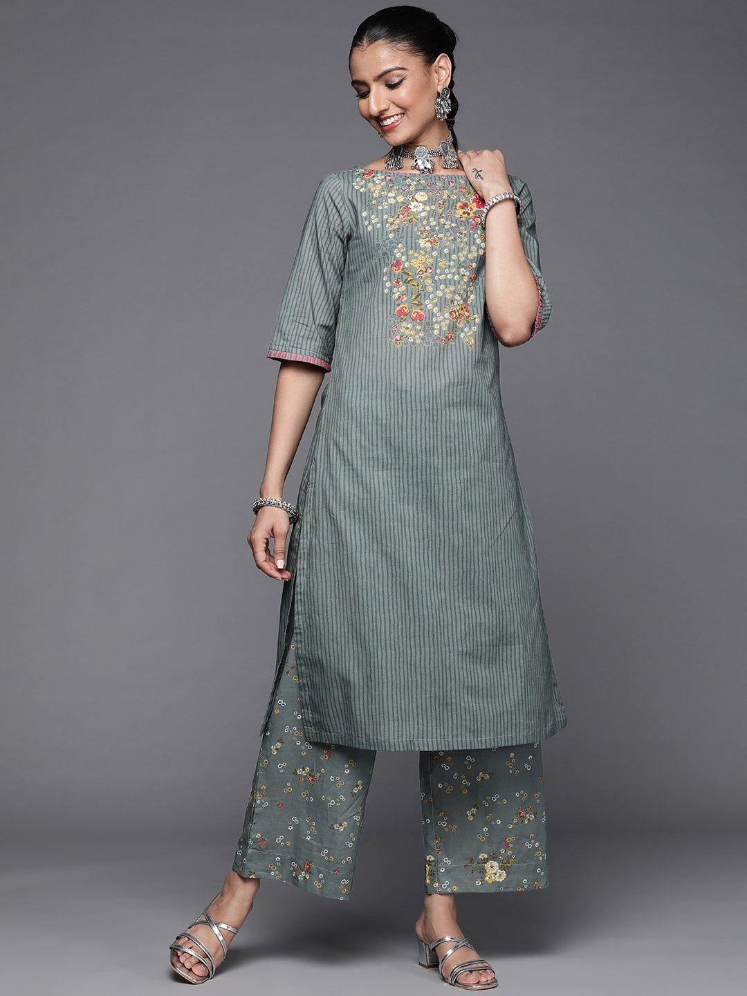 Biba Women Green Floral Printed Pure Cotton Kurta with Palazzos - Distacart