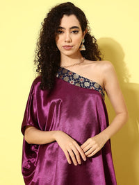 Thumbnail for InWeave Women's Wine Navy Brocade Satin Oneshoulder Kurta Set - Distacart
