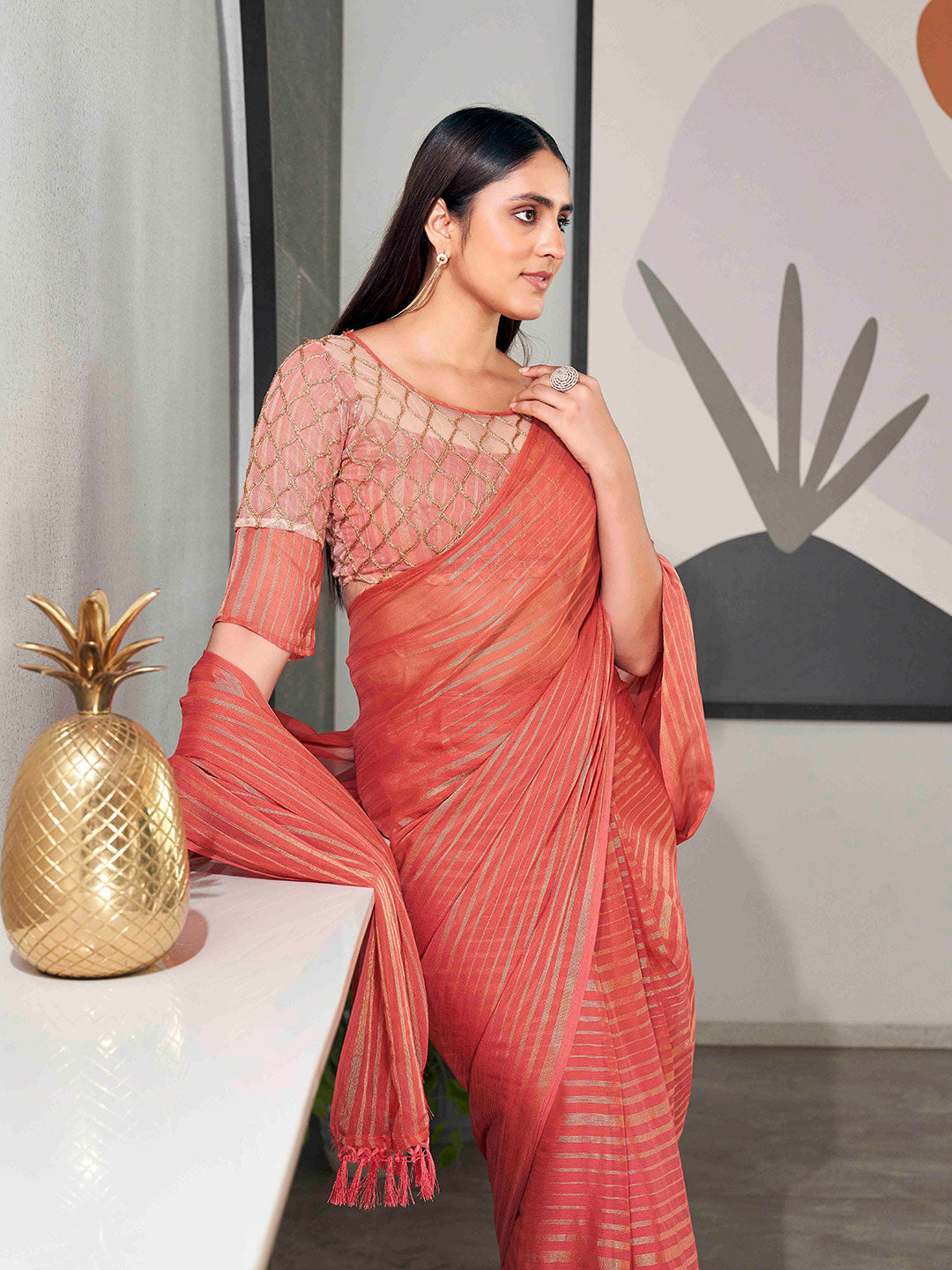 Tikhi Imli Striped Chiffon Ready to Wear Saree - Distacart