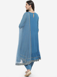 Thumbnail for Biba Women Blue & Gold-Coloured Pleated Thread Work Kurta with Dhoti Pants & Dupatta - Distacart