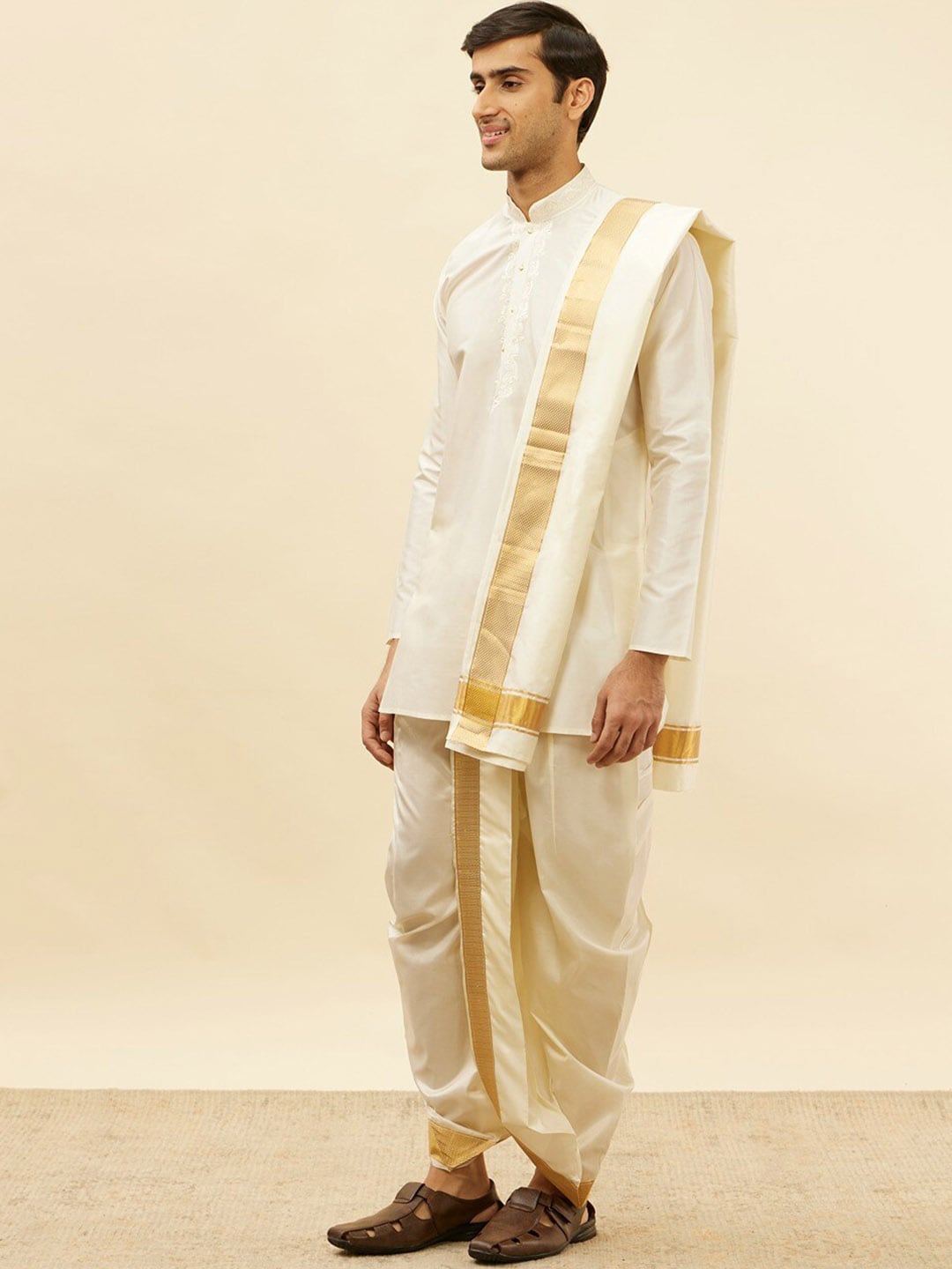 Manyavar Mandarin Collar Regular Pure Silk Kurta With Dhoti Pants & Dupatta - Distacart