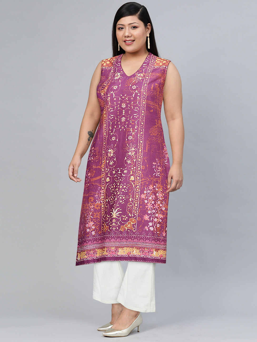 Biba Women Purple & Brown Pure Cotton Ethnic Motifs Printed V-Neck Sleeveless Kurta - Distacart