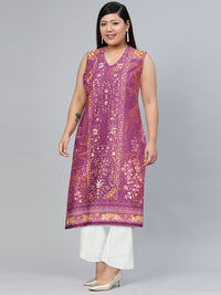 Thumbnail for Biba Women Purple & Brown Pure Cotton Ethnic Motifs Printed V-Neck Sleeveless Kurta - Distacart