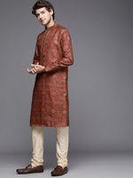 Thumbnail for Manyavar Men Rust Red Ethnic Motifs Woven Design Kurta with Churidar - Distacart