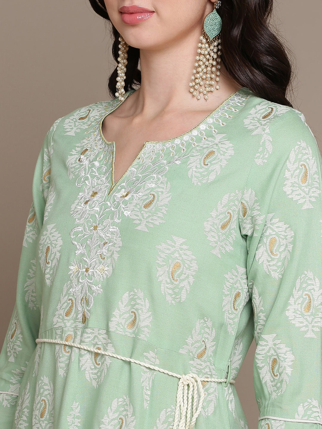 HERE&NOW Embroidered Ethnic Motif Printed Notched Neck A-Line Kurta - Distacart
