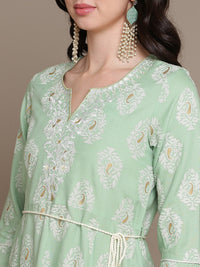 Thumbnail for HERE&NOW Embroidered Ethnic Motif Printed Notched Neck A-Line Kurta - Distacart