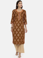 Thumbnail for Souchii Brown & Mustard Printed Straight Kurta - Distacart