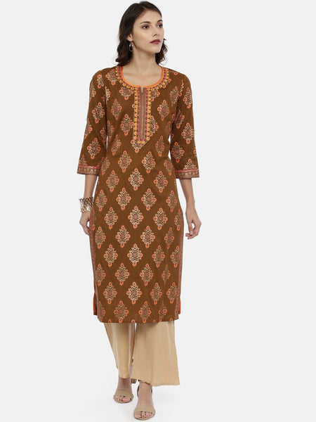 Souchii Brown & Mustard Printed Straight Kurta - Distacart
