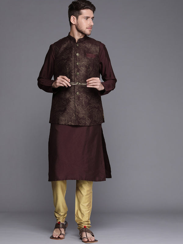 Manyavar Men Burgundy Kurta & Pyjama with Nehru Jacket - Distacart
