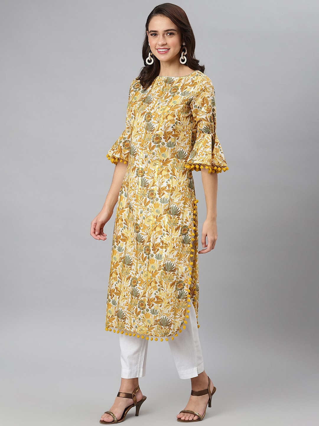 Khushal K Women Yellow Floral Printed Flared Sleeves Kurta - Distacart