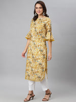 Thumbnail for Khushal K Women Yellow Floral Printed Flared Sleeves Kurta - Distacart